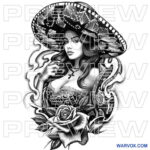 Beautiful Charra with- Rose Tattoo Design warvox chicano mariachi black piece