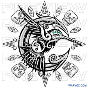 Huitzilin aztec bird Tattoo Design with skulls warvox drwing sketch stencil