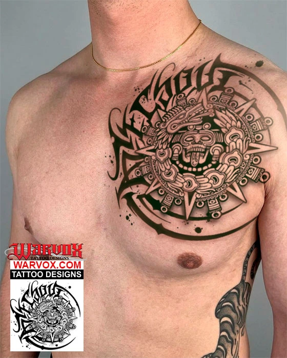 Tonatiuh Aztec Soul Dark Lettering Tattoo