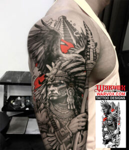 Warrior with Spear and Eagle Tattoo Sleeve - Aztec Tattoo Ideas