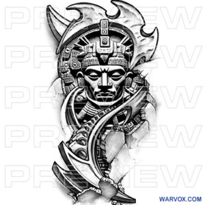 Biomechanical Aztec Warrior Head full sleeve Tattoo Design by warvox tattoo ideas