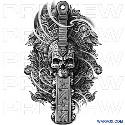 macuahuitl aztec weapon with skull tattoo design by warvox