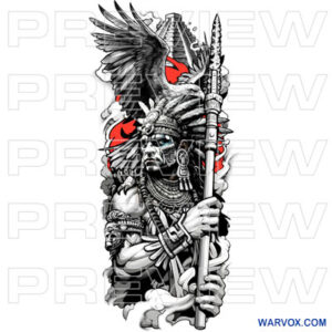 aztec warrior with spear and eagle pyramid red background Tattoo Design warvox